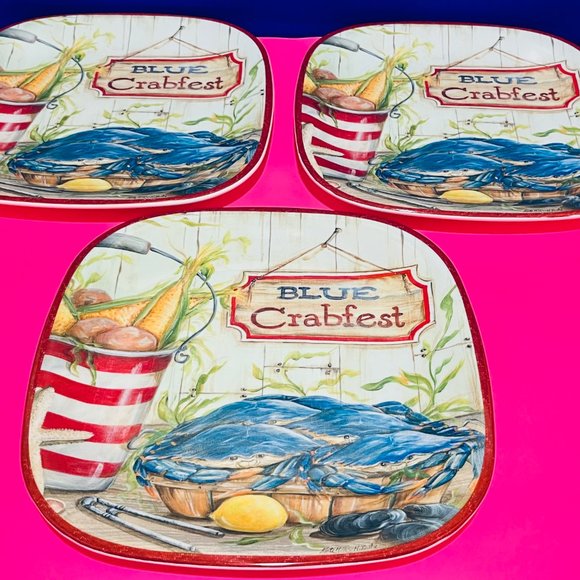 NEW… Set of Three Blue Crabfest Plates, Certified International ~ Kate McRostie - Picture 9 of 13